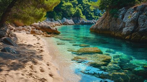 Premium Photo A Sandy Beach With Clear Blue Water And Rocks