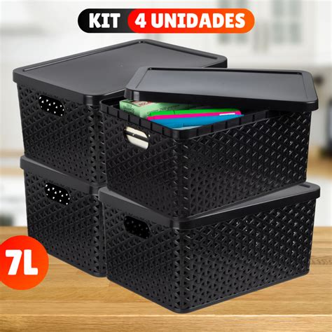 Kit Cesto Caixa Organizadora Rattan Tampa Litros Preto