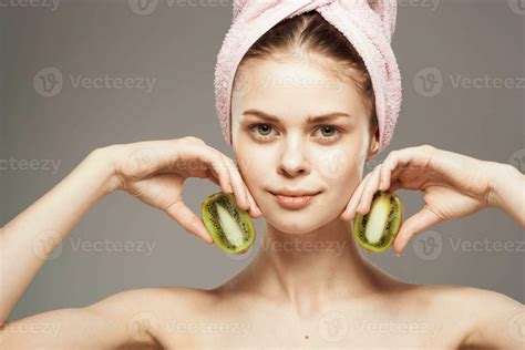 Beautiful Woman Naked Shoulders Spa Treatments Kiwi In Hands Natural