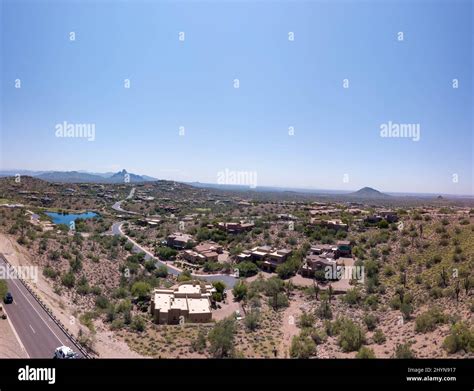 Aerial view of the mansions and roads. Fountain Hills, Fountain Park, Arizona, United States ...