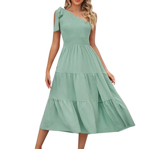 Weaiximiung Ladies Summer Solid One Shoulder Pleated Layered Split Dress Summer Dresses For