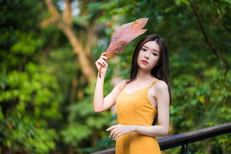 Hd Wallpaper Asian Model Women Long Hair Dark Hair Depth Of Field Yellow Dress