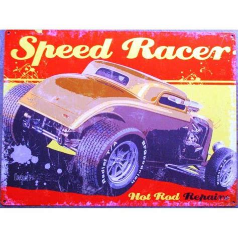 plaque decorative en tole hot rod speed racer avec un rod de compressé