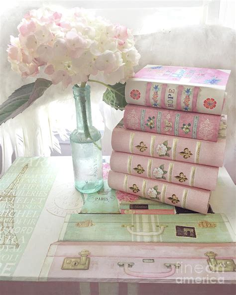 Pink Books Hydrangea Flowers Wall Decor - Shabby Chic Cottage Pink Books Print - Shabby Chic ...