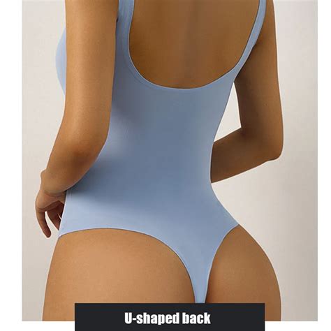 U Neck Spaghetti Strap Bodysuits Compression Body Suits Open Crotch