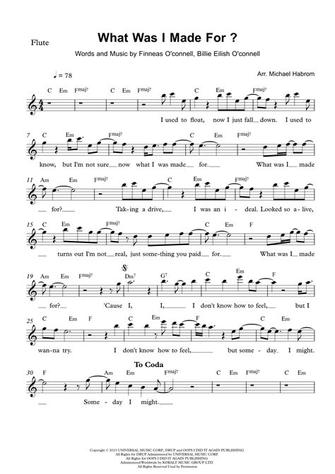 What Was I Made For Arr Michael Habrom By Billie Eilish Sheet Music