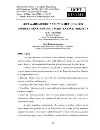 Software Metric Analysis Methods For Product Development Maintenance