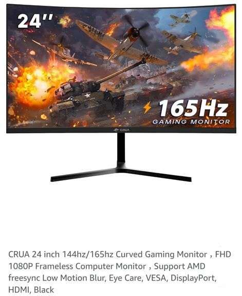 Crua 24 Inch 144hz 165hz Curved Gaming Monitor，fhd 1080p Frameless