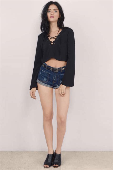 Black Crop Top Flowy Crop Top Black Lace Up Crop Top 34 Tobi US