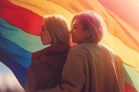 Premium AI Image Lesbian Couple With Pride Flag AI Generated