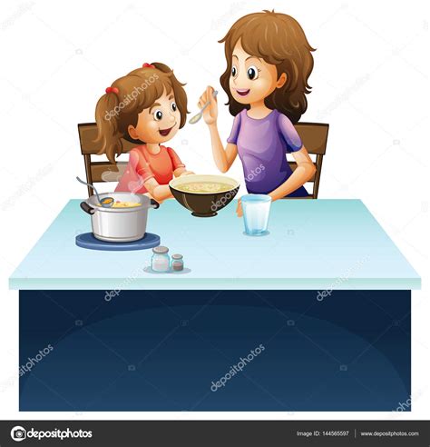 Madre alimentando a un niño en la mesa vector gráfico vectorial