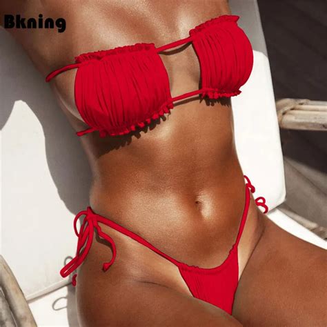 Bkning Red Micro Swimsuit Womens Bikini Swimwear Solid Bikinis