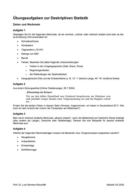 Uebungsaufgaben Zur Deskriptiven Statistik 1 2162 Prof Dr Lutz