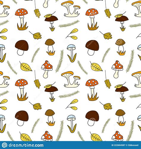 Seamless Doodle Pattern With Forest Mushrooms And Fall Leaves Stock