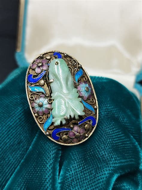 Broche De Jade Vert En Filigrane De Jade Chinois Ancien Fleurs En