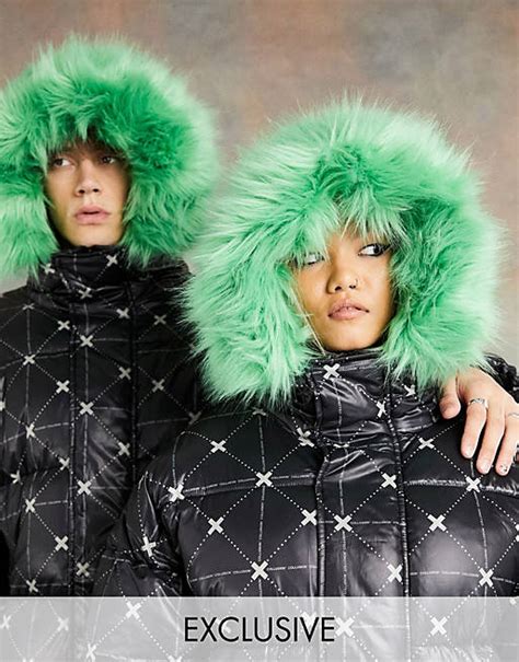 Collusion Unisex Longline Printed Puffer Coat With Faux Fur Hood Asos