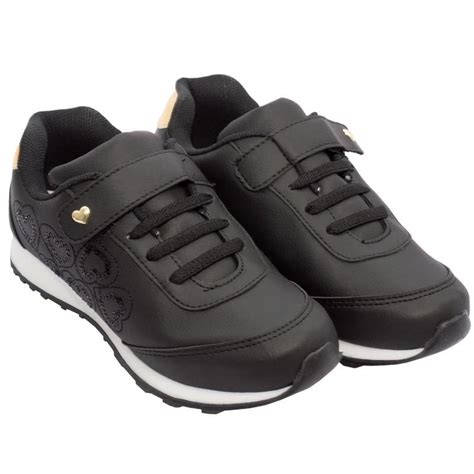 Tenis Infantil Feminino Preto Escolar - Tenis Escolar Menina Calce Fácil Infantil Corações Feminino Preto ...