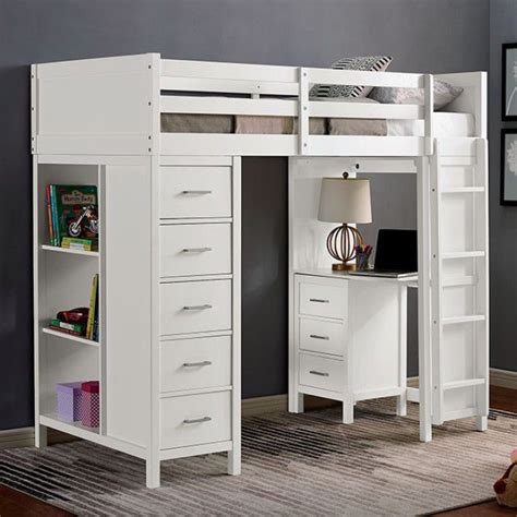 Cm Bk Cassidy White Finish Wood Twin Loft Bunk Bed With Bookcase