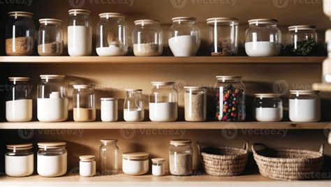 Reusable Glass Containers Line Wooden Shelves In A Zero Waste Pantry