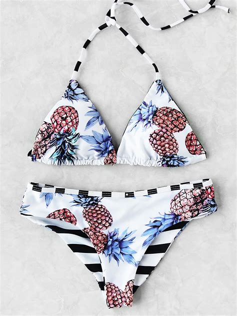 Ensemble de Bikini triangle imprimé ananas avec garniture de rayure