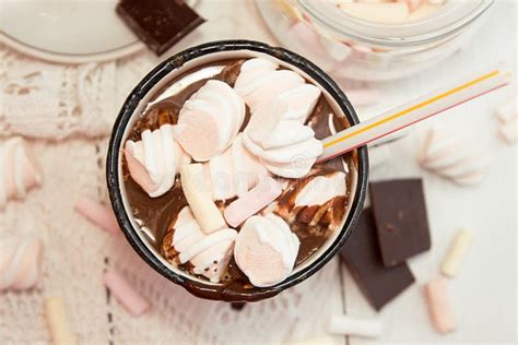 Mug Of Hot Chocolate Drink With Marshmallow Candies On Top And C Stock Image Image Of