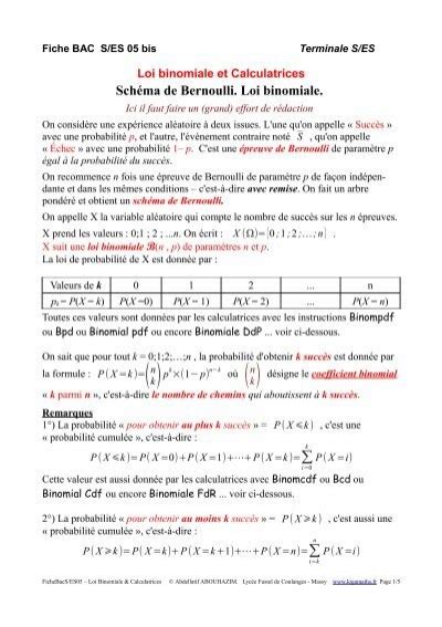 Loi binomiale et Calculatrices Schéma de Bernoulli Logamaths fr