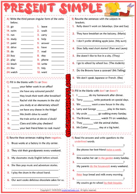 Present Simple Tense Esl Grammar Exercises Test Worksheet Grammar Exercises Simple Present