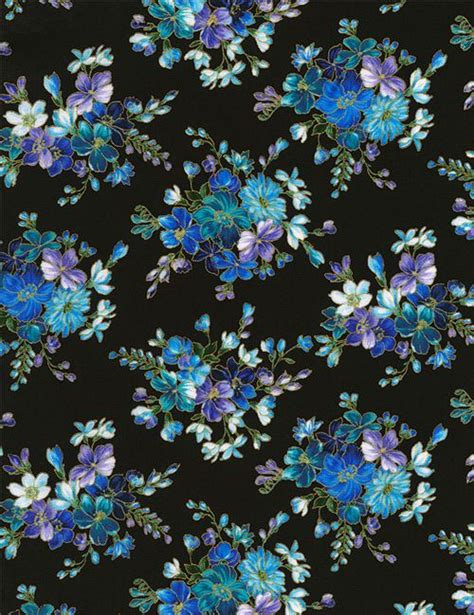 Black With Blue Purple Flower Gold Metallic Fabric By Timeless