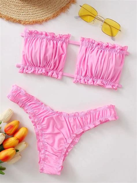 Ruched Lettuce Trim Bandeau Bikini Swimsuit In Bikinis Swimsuits Bikini Swimsuits