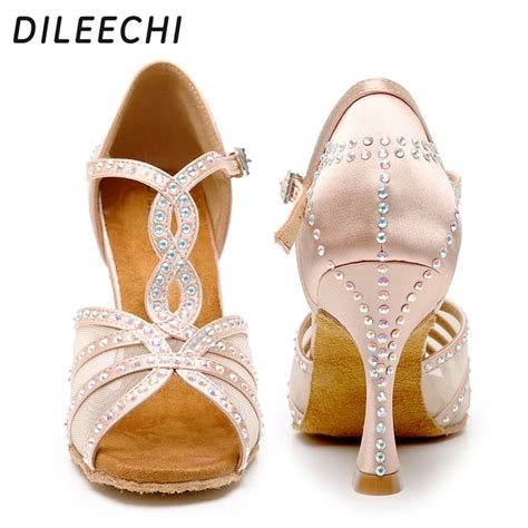 DILEECHI Sapatos De Dan A Latina Para Mulheres Malha Cetim Strass