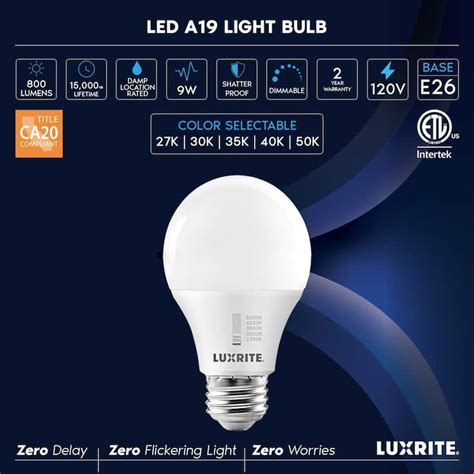 Luxrite A19 Led Light Bulb 60 Watt Equivalent Cri90 5cct Dimmable 800lm 9w E26 Base Etl 6 Pack