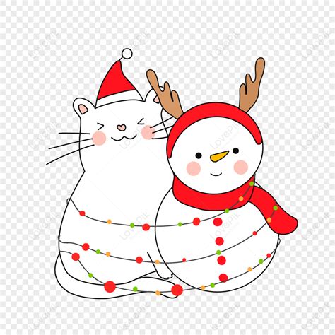 Cartoon Hand Drawn Christmas Cat Snowman Illustration Winter Red Png