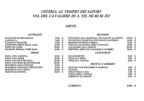 Menu 2024 Osteria Al Tempio Dei Sapori In Bagheria TheFork