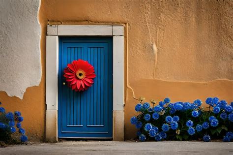 Premium AI Image A Flower Wreath Hangs On A Blue Door