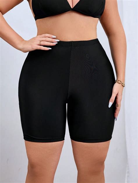 Plus Size Women S Solid Color Casual Swim Shorts Bikini Bottoms Butt Lifting Shorts Summer For
