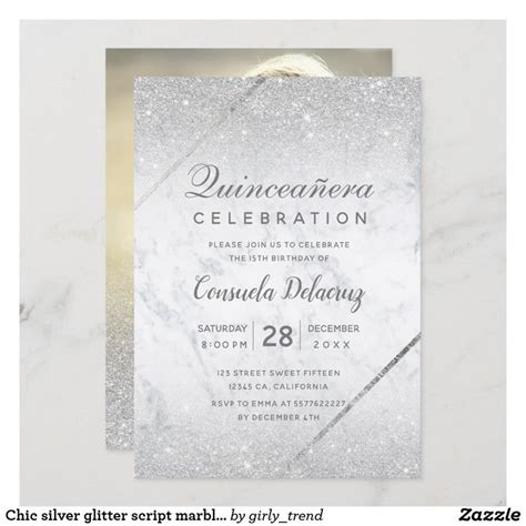 Chic Silver Glitter Script Marble Quinceanera Invitation Zazzle