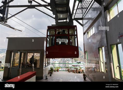 Closeup view of a cable car in the city of Gangtok in the state of ...