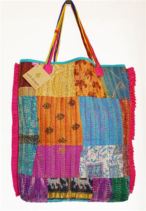 Vintage Kantha Shopping Bag With Multi Color Strings Pink Edge Detail