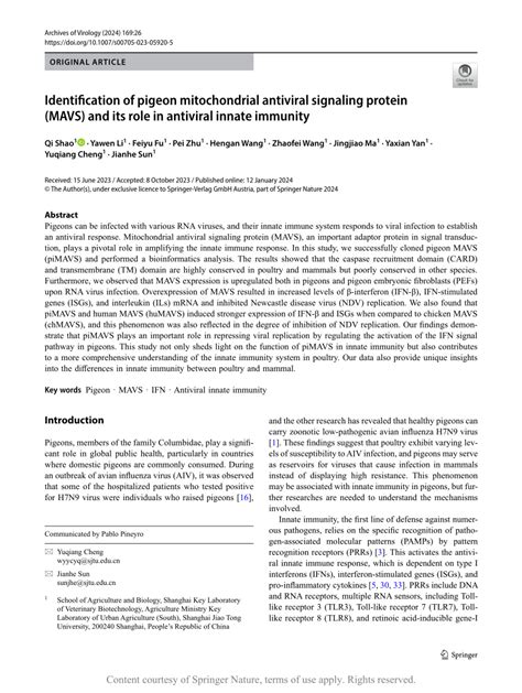 Identification Of Pigeon Mitochondrial Antiviral Signaling Protein