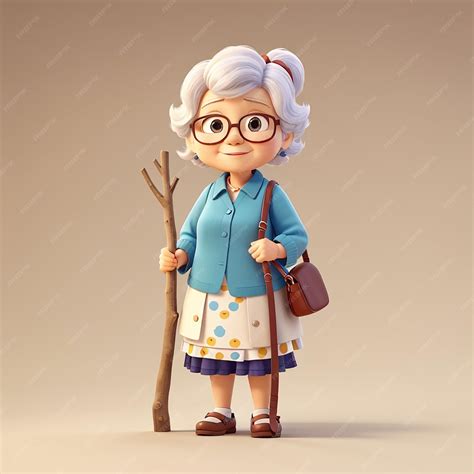 Cute Grandmother Cartoon Standing Bring Stick Premium Ai Generated Image