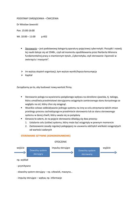 Podstawy zarządzania Notatki z wykładu 1 10 PODSTAWY Dr Jaworski