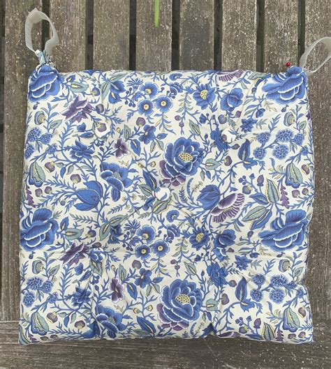 Blue Floral Chair Pad Tufted Cushion Seat Padded Buttoned Etsy