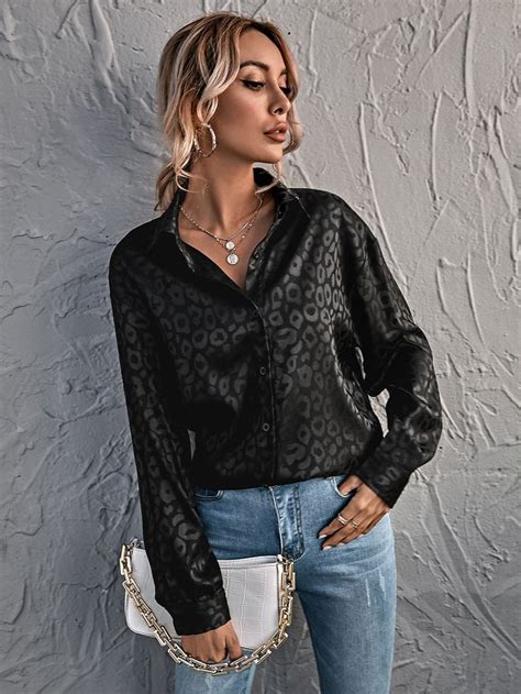 Shein Button Front Leopard Satin Top Black Satin Shirt Satin Blouse Outfit Satin Shirt