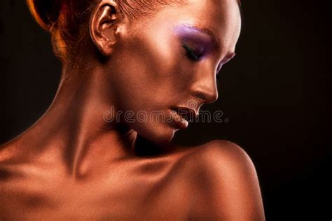 Gilt Golden Woman S Face Closeup Futuristic Giled Make Up Painted