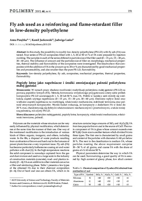 Pdf Fly Ash Used As A Reinforcing And Flame Retardant Filler In Low