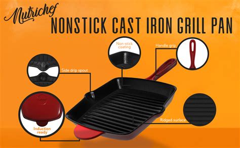 Nutrichef Nonstick Cast Iron Grill Pan 11 Inch Kitchen Square Cast Iron Skillet Grilling Pan