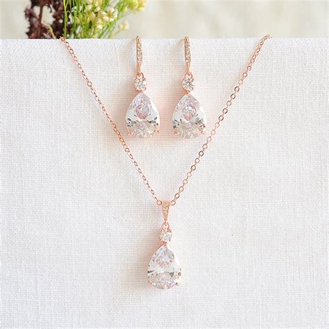 Rose Gold Bridal Jewelry Set Silver Wedding Necklace Set Etsy