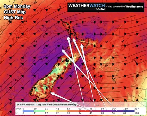 Sub Zero Temperatures Sunday Across Otago Severe Gales Likely Monday 9 Maps Weatherwatch