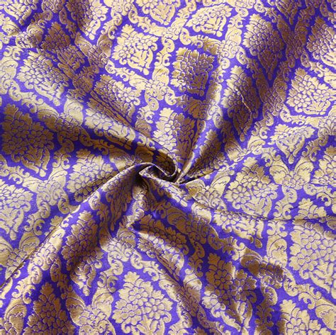 Buy Blue Golden Floral Chanderi Zari Silk Fabric For Best Price