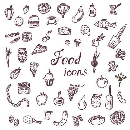 Iconos De Alimentos Handdrawn Conjunto De Estilo Divertido Clipart De